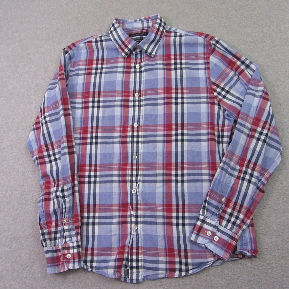 Banana‎ Republic Mens Button Up Shirt L Slim Red Blue Plaid Lightweight Cotton - Picture 2 of 7
